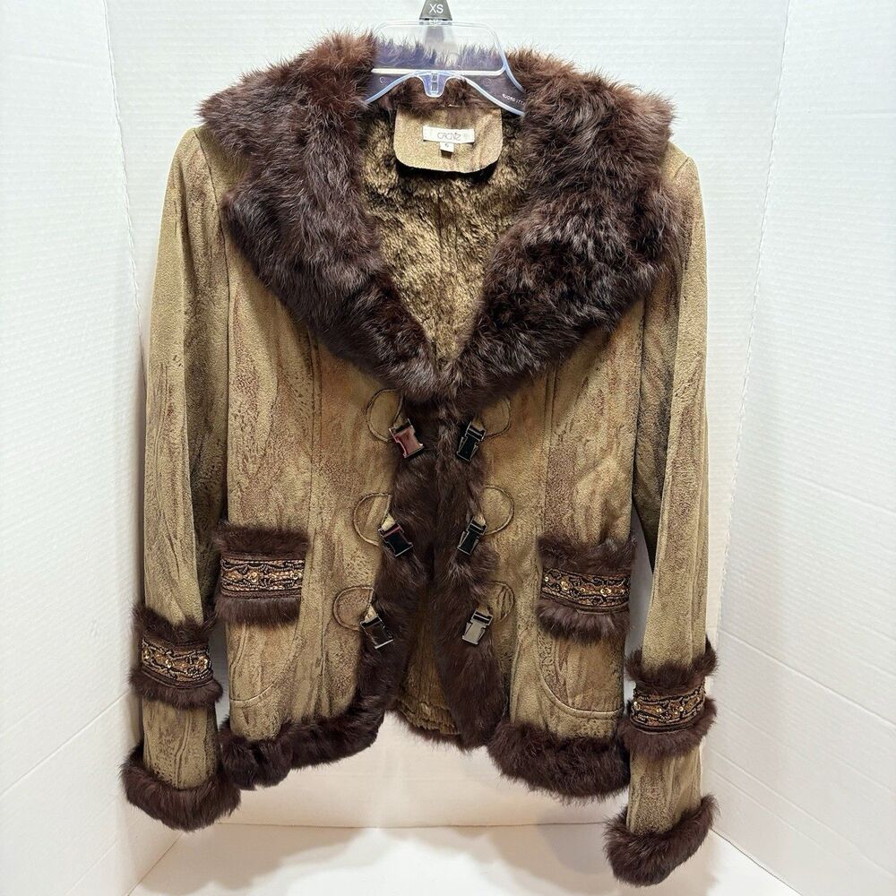 VTG Cache Penny Lane Suede Faux Fur Trim Boho Afghan Toggle Jacket Women’s 6 - Picture 8 of 15